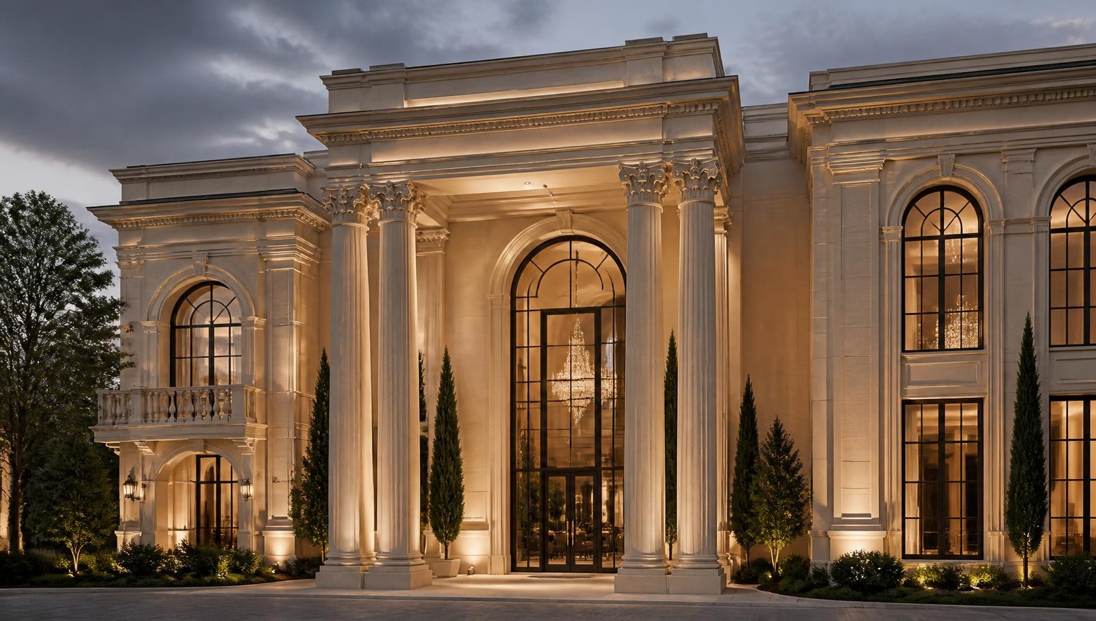 Neoclassical ivory stone residence with arched openings at dusk